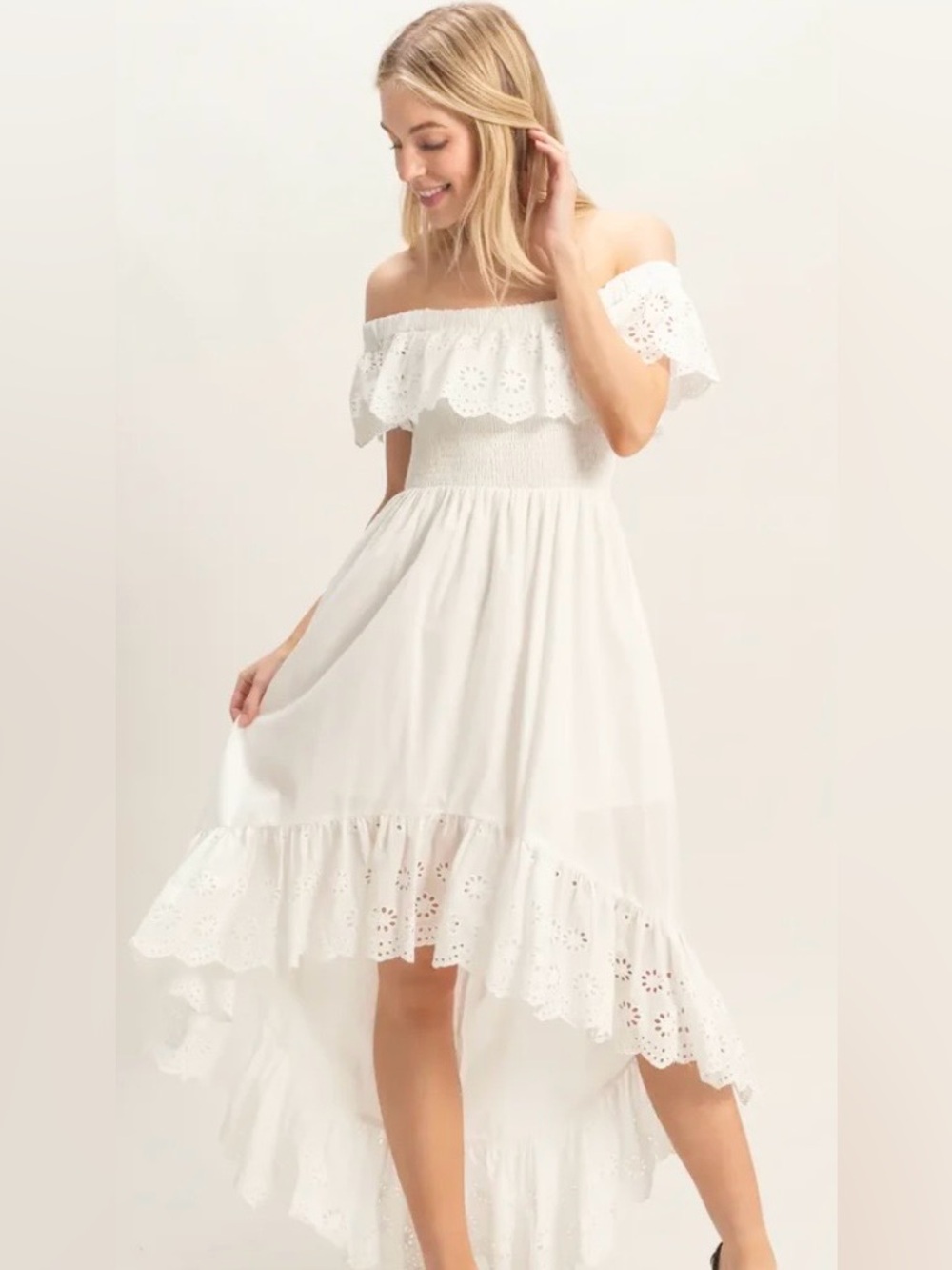 NWOT HYFVE HIGH LOW EYELET RUFFLED OFF THE SHOULDER DRESS SMALL
